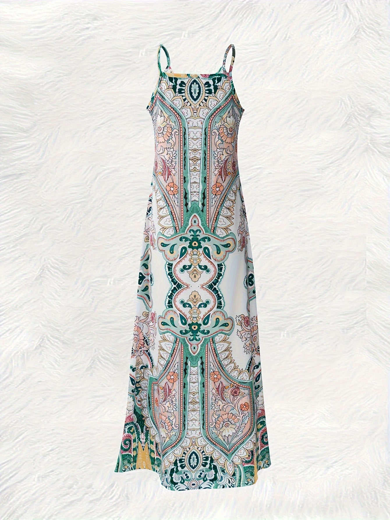 Women'S Bohemian V-Neck Sleeveless Maxi Dress, Floral Print Knit Fabric, Polyester Vacation Style Slip Dress for All Seasons, 180g/m² - LSH-FLL